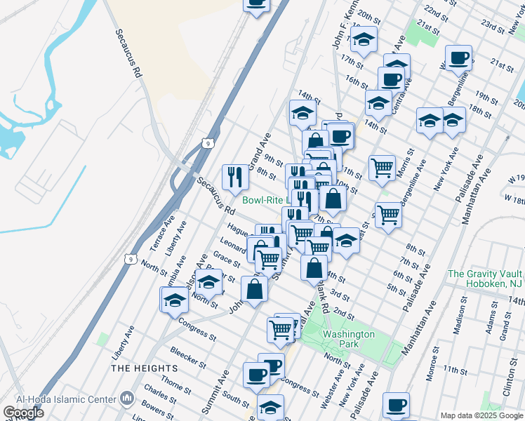 map of restaurants, bars, coffee shops, grocery stores, and more near 809 Secaucus Road in Jersey City
