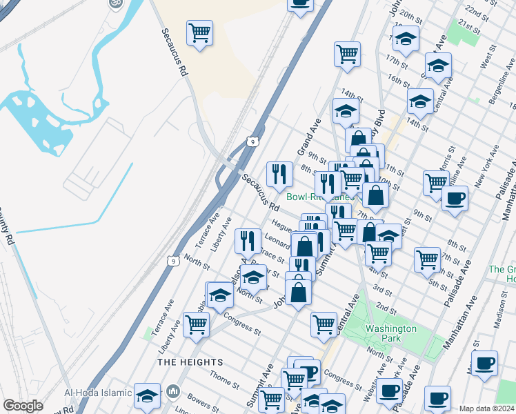 map of restaurants, bars, coffee shops, grocery stores, and more near 299 Columbia Avenue in Jersey City