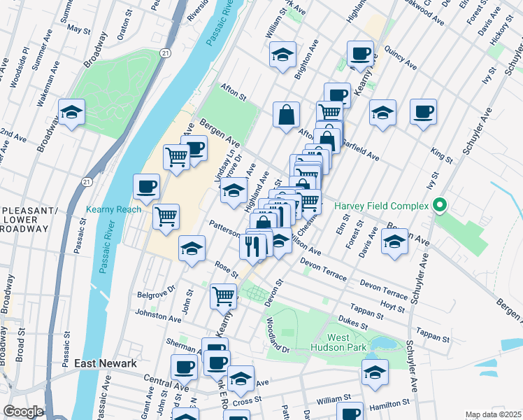 map of restaurants, bars, coffee shops, grocery stores, and more near 158 Maple Street in Kearny