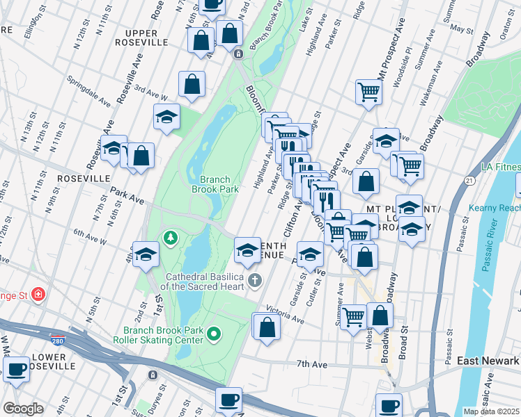 map of restaurants, bars, coffee shops, grocery stores, and more near 151 Parker Street in Newark