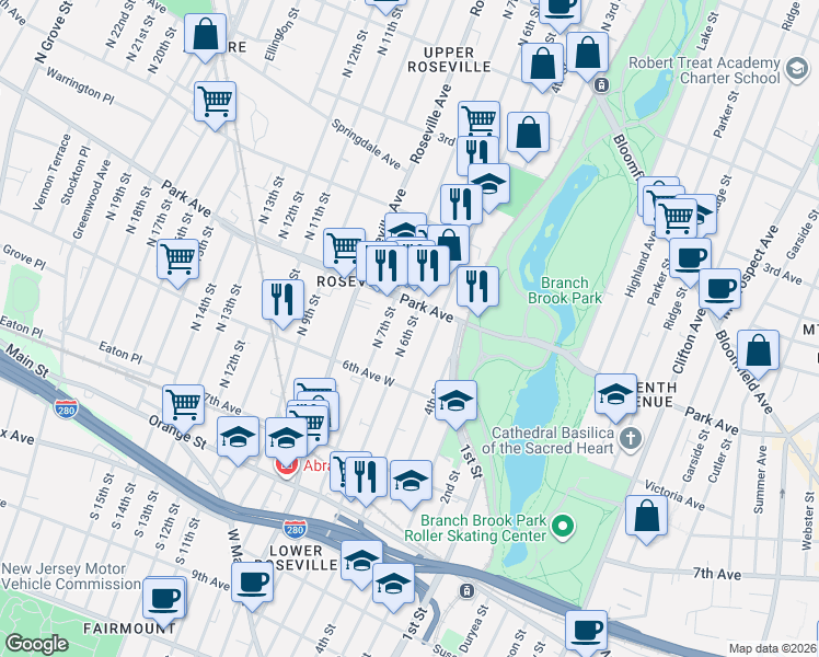 map of restaurants, bars, coffee shops, grocery stores, and more near 281 North 6th Street in Newark