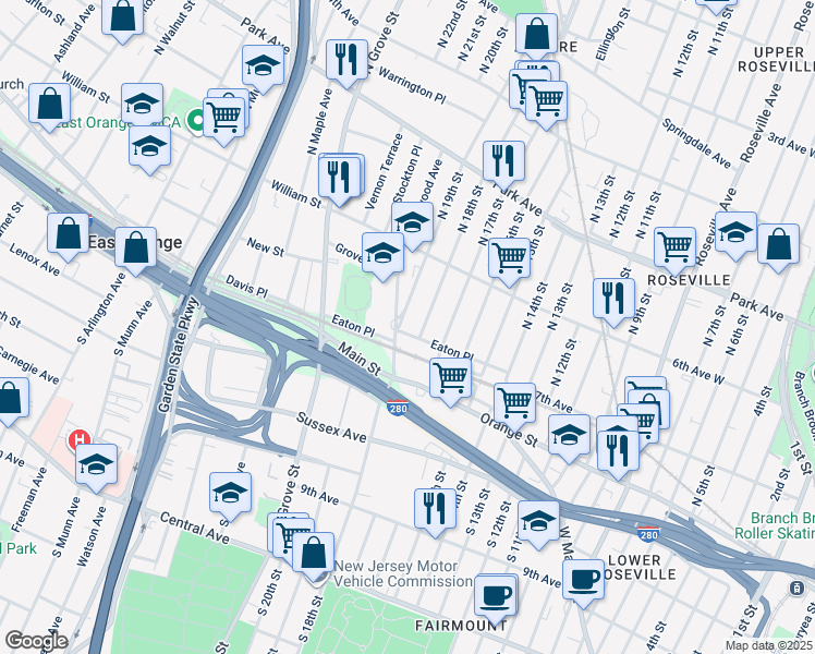 map of restaurants, bars, coffee shops, grocery stores, and more near 97 Eaton Place in East Orange