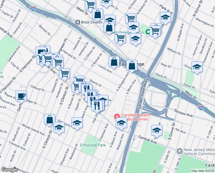 map of restaurants, bars, coffee shops, grocery stores, and more near 16 Beech Street in East Orange
