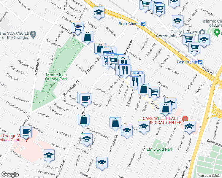 map of restaurants, bars, coffee shops, grocery stores, and more near 2 Whittier Street in East Orange