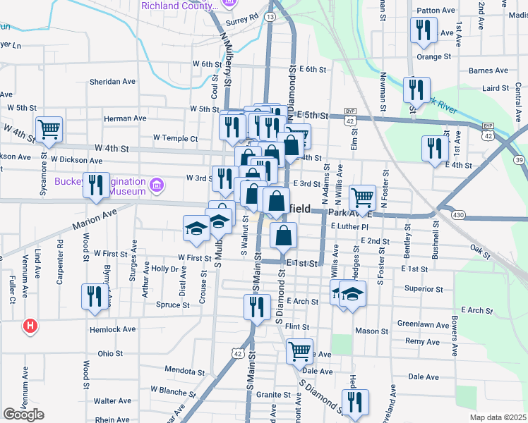 map of restaurants, bars, coffee shops, grocery stores, and more near 1496 West 4th Street in Mansfield