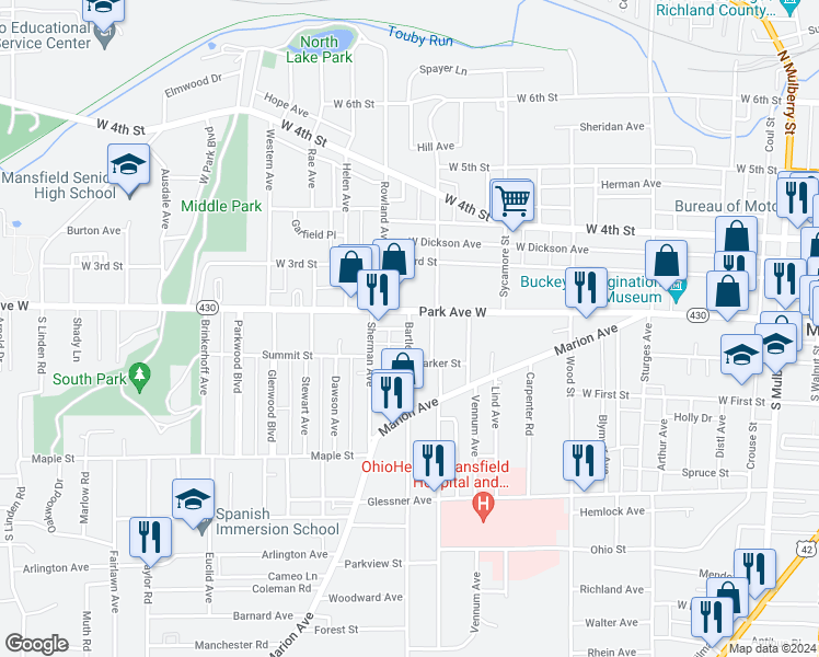 map of restaurants, bars, coffee shops, grocery stores, and more near 28 Bartley Avenue in Mansfield