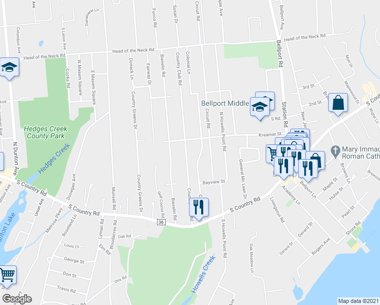 map of restaurants, bars, coffee shops, grocery stores, and more near 41 Country Club Road in Bellport