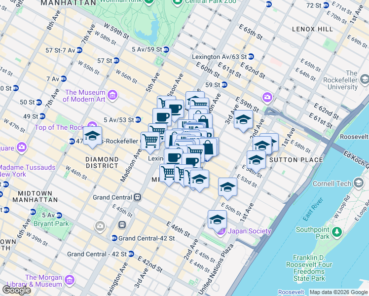 map of restaurants, bars, coffee shops, grocery stores, and more near in New York