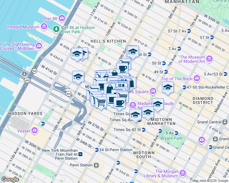 map of restaurants, bars, coffee shops, grocery stores, and more near in New York