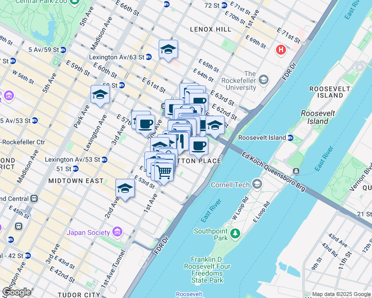 map of restaurants, bars, coffee shops, grocery stores, and more near 431 East 57th Street in New York