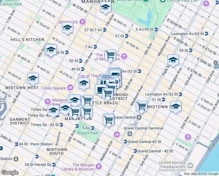 map of restaurants, bars, coffee shops, grocery stores, and more near 20 Rockefeller Plaza in New York