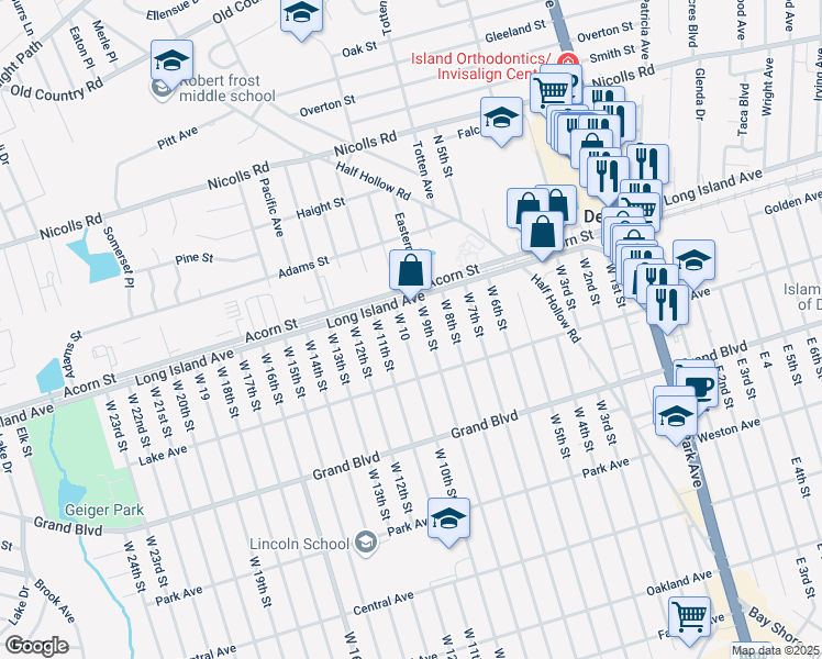 map of restaurants, bars, coffee shops, grocery stores, and more near 38 West 10th Street in Deer Park