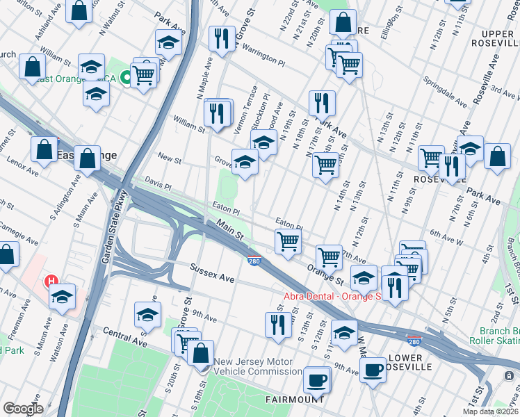 map of restaurants, bars, coffee shops, grocery stores, and more near 97 Eaton Place in East Orange