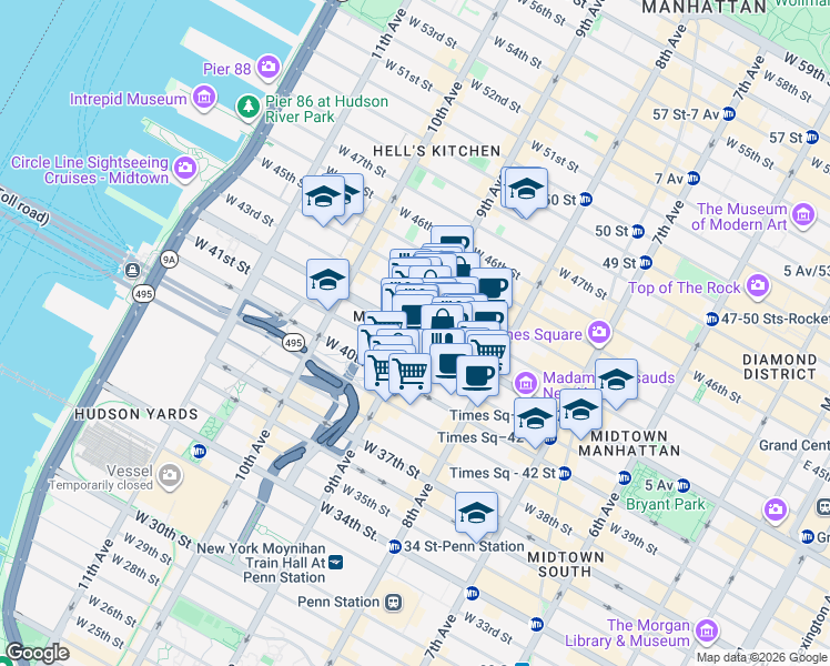 map of restaurants, bars, coffee shops, grocery stores, and more near 9th Ave & W 42nd St in New York