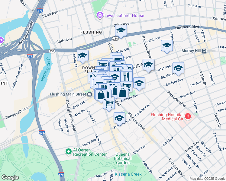 map of restaurants, bars, coffee shops, grocery stores, and more near 138-4 Barclay Avenue in Queens