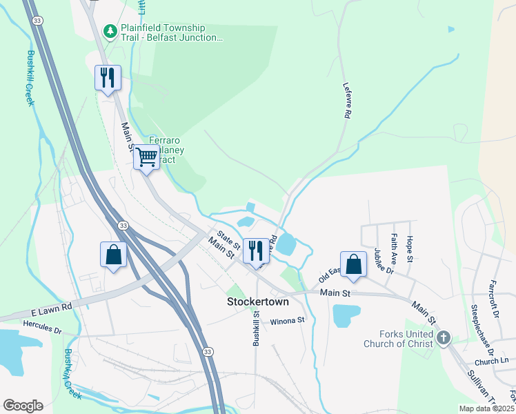 map of restaurants, bars, coffee shops, grocery stores, and more near 210 Lefevre Road in Easton