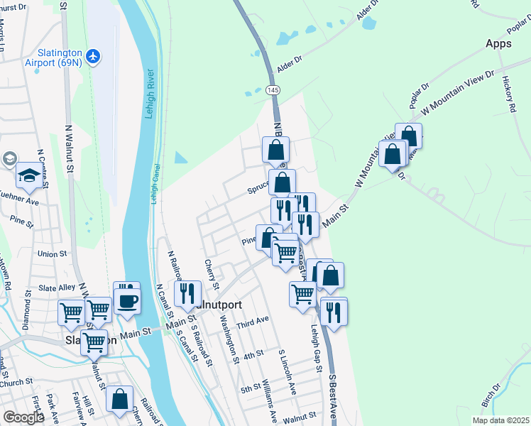 map of restaurants, bars, coffee shops, grocery stores, and more near 348 Oak Street in Walnutport