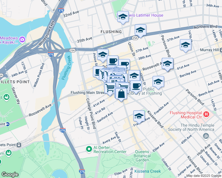 map of restaurants, bars, coffee shops, grocery stores, and more near 135-24 40th Road in Queens