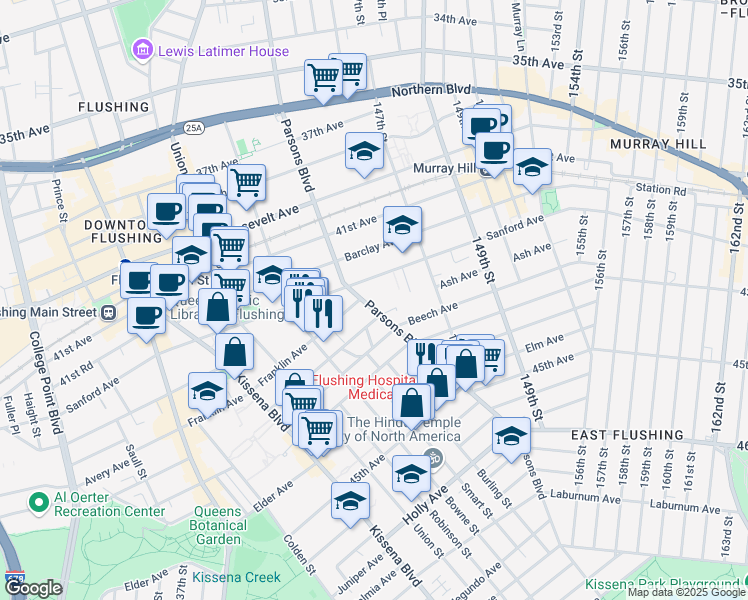 map of restaurants, bars, coffee shops, grocery stores, and more near 42-05 Parsons Boulevard in Queens