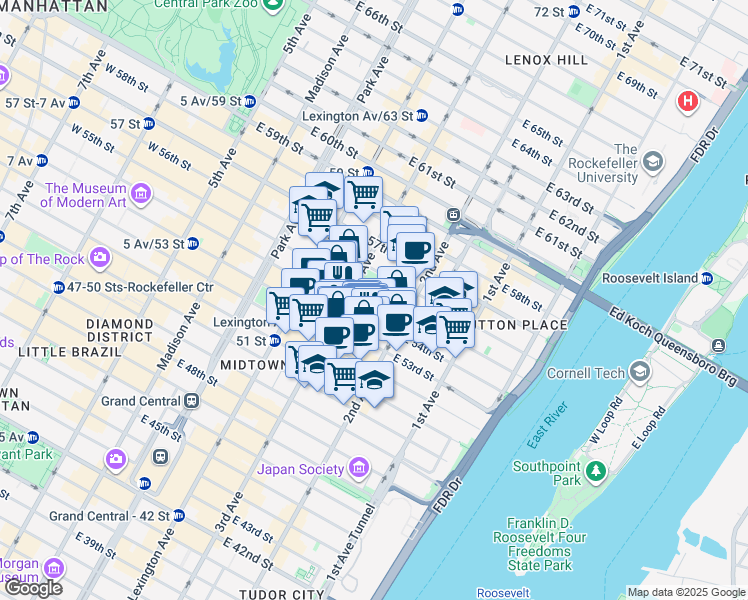 map of restaurants, bars, coffee shops, grocery stores, and more near 240 East 55th Street in New York