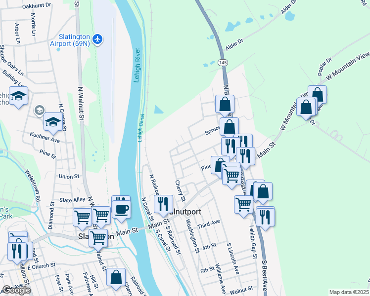 map of restaurants, bars, coffee shops, grocery stores, and more near 230 Spruce Street in Walnutport