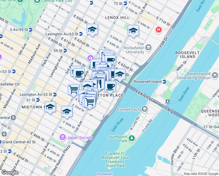 map of restaurants, bars, coffee shops, grocery stores, and more near 431 East 57th Street in New York
