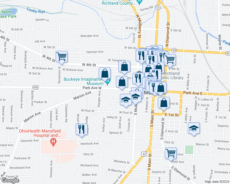 map of restaurants, bars, coffee shops, grocery stores, and more near 145 Park Avenue West in Mansfield
