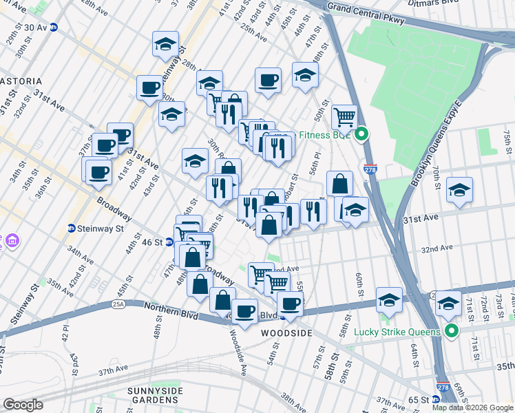 map of restaurants, bars, coffee shops, grocery stores, and more near 50-01 31st Avenue in Queens