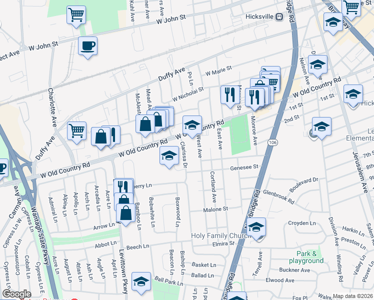 map of restaurants, bars, coffee shops, grocery stores, and more near 31 West Avenue in Hicksville