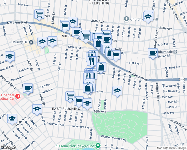 map of restaurants, bars, coffee shops, grocery stores, and more near 43-28 162nd Street in Queens
