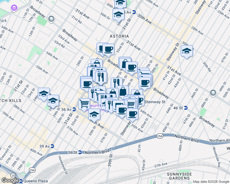 map of restaurants, bars, coffee shops, grocery stores, and more near 32-85 35th Street in Queens