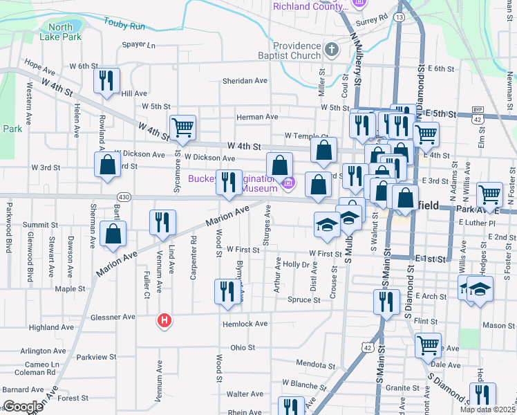 map of restaurants, bars, coffee shops, grocery stores, and more near 34 Sturges Ave in Mansfield