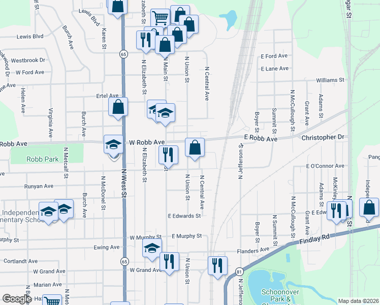 map of restaurants, bars, coffee shops, grocery stores, and more near 1228 North Union Street in Lima