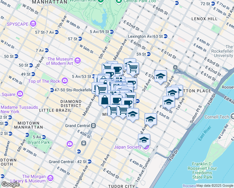 map of restaurants, bars, coffee shops, grocery stores, and more near 375 Park Avenue in New York