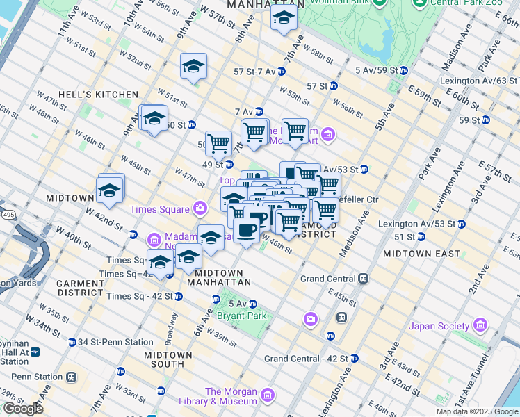 map of restaurants, bars, coffee shops, grocery stores, and more near 1211 6th Avenue in New York