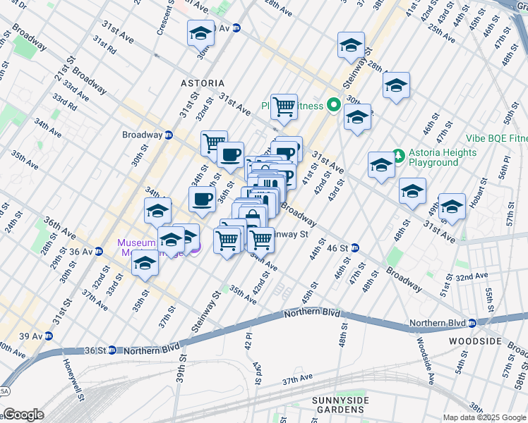 map of restaurants, bars, coffee shops, grocery stores, and more near 32-40 Steinway Street in Queens