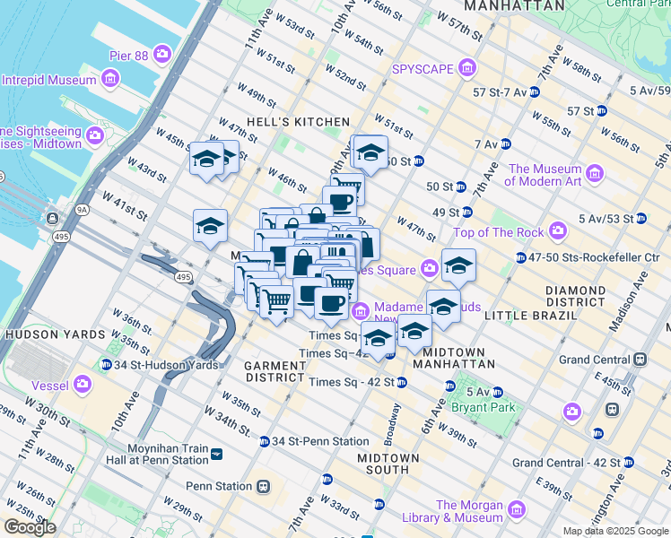 map of restaurants, bars, coffee shops, grocery stores, and more near 311 West 43rd Street in New York