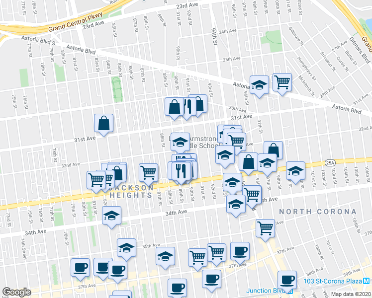 map of restaurants, bars, coffee shops, grocery stores, and more near 32-23 90th Street in Queens