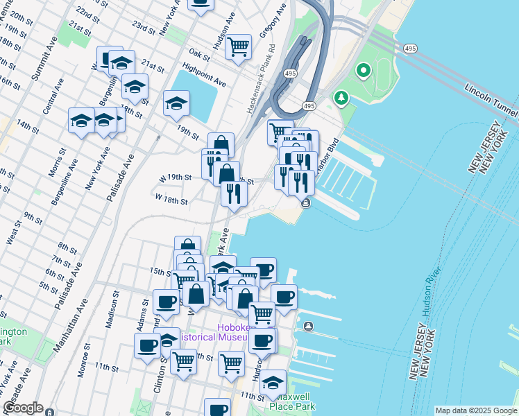 map of restaurants, bars, coffee shops, grocery stores, and more near 1414 Harbor Boulevard in Weehawken