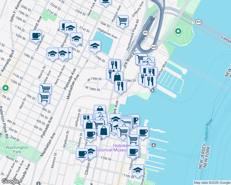 map of restaurants, bars, coffee shops, grocery stores, and more near 1700 Park Avenue in Weehawken