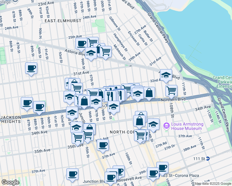 map of restaurants, bars, coffee shops, grocery stores, and more near 32-40 100th Street in Queens