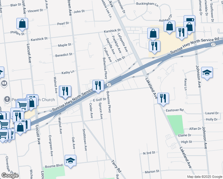 map of restaurants, bars, coffee shops, grocery stores, and more near 4910 Sunrise Highway in Sayville
