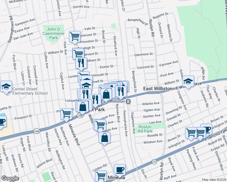map of restaurants, bars, coffee shops, grocery stores, and more near 15 Amherst Street in East Williston