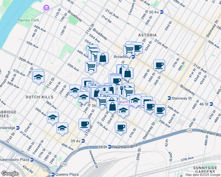 map of restaurants, bars, coffee shops, grocery stores, and more near 30-14 35th Avenue in Queens