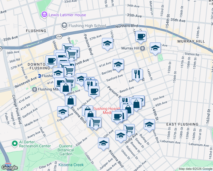 map of restaurants, bars, coffee shops, grocery stores, and more near Parsons Boulevard & Franklin Avenue in Queens