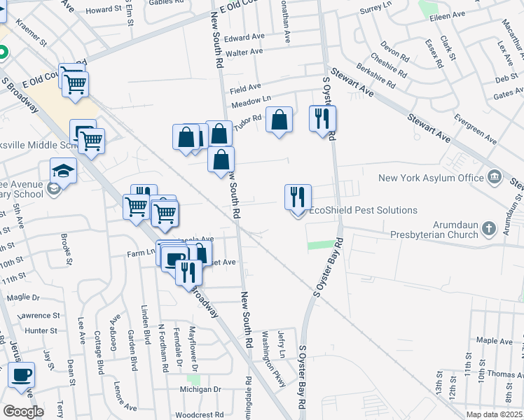 map of restaurants, bars, coffee shops, grocery stores, and more near 125 New South Road in Hicksville