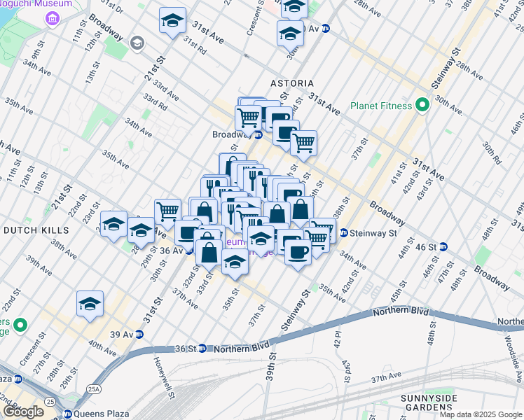 map of restaurants, bars, coffee shops, grocery stores, and more near 34-29 33rd Street in Queens