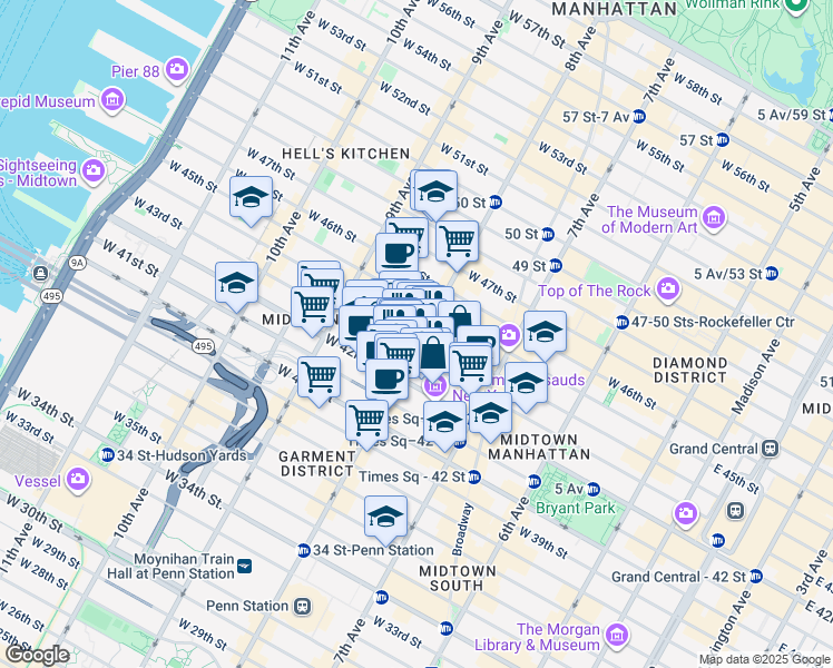 map of restaurants, bars, coffee shops, grocery stores, and more near 128 West 44th Street in New York