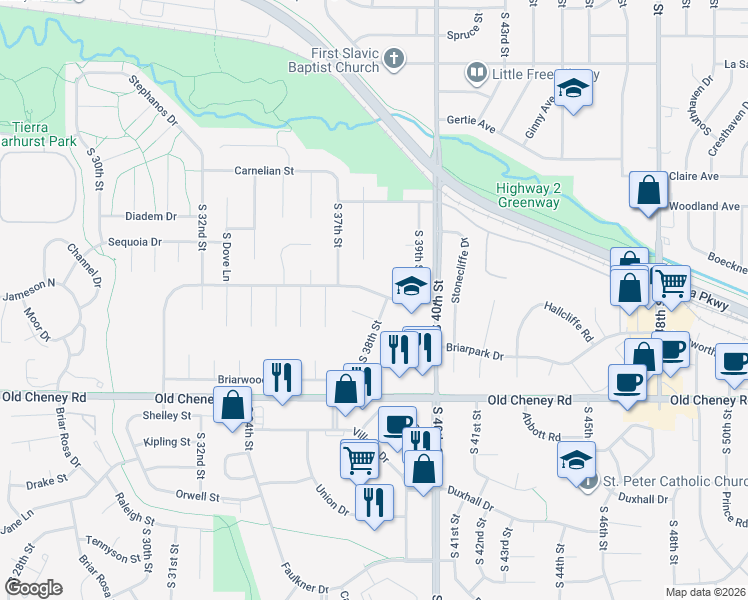 map of restaurants, bars, coffee shops, grocery stores, and more near 5507 South 38th Street in Lincoln