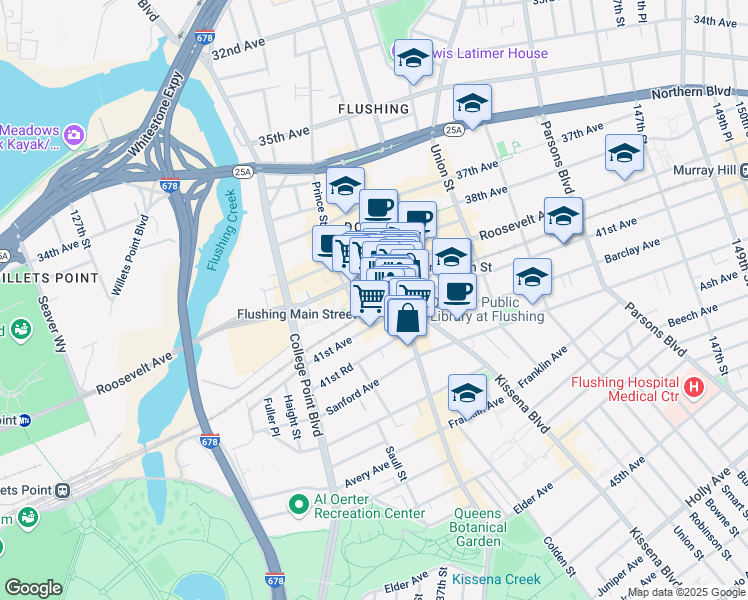 map of restaurants, bars, coffee shops, grocery stores, and more near 135-24 40 Road in Queens